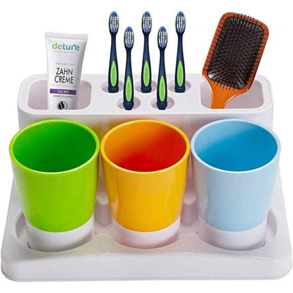 Kids Toothbrush Holder Bathroom Organizer Family Set Rinse Cups Storage - Picture 2 of 8